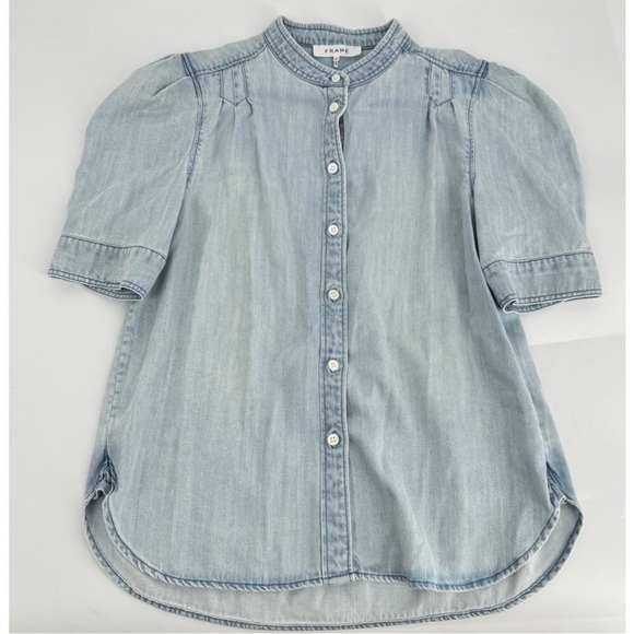 FRAME Charlie Puff Sleeve Denim Chambray Button-Up Top Blue Size Small P - Picture 4 of 4